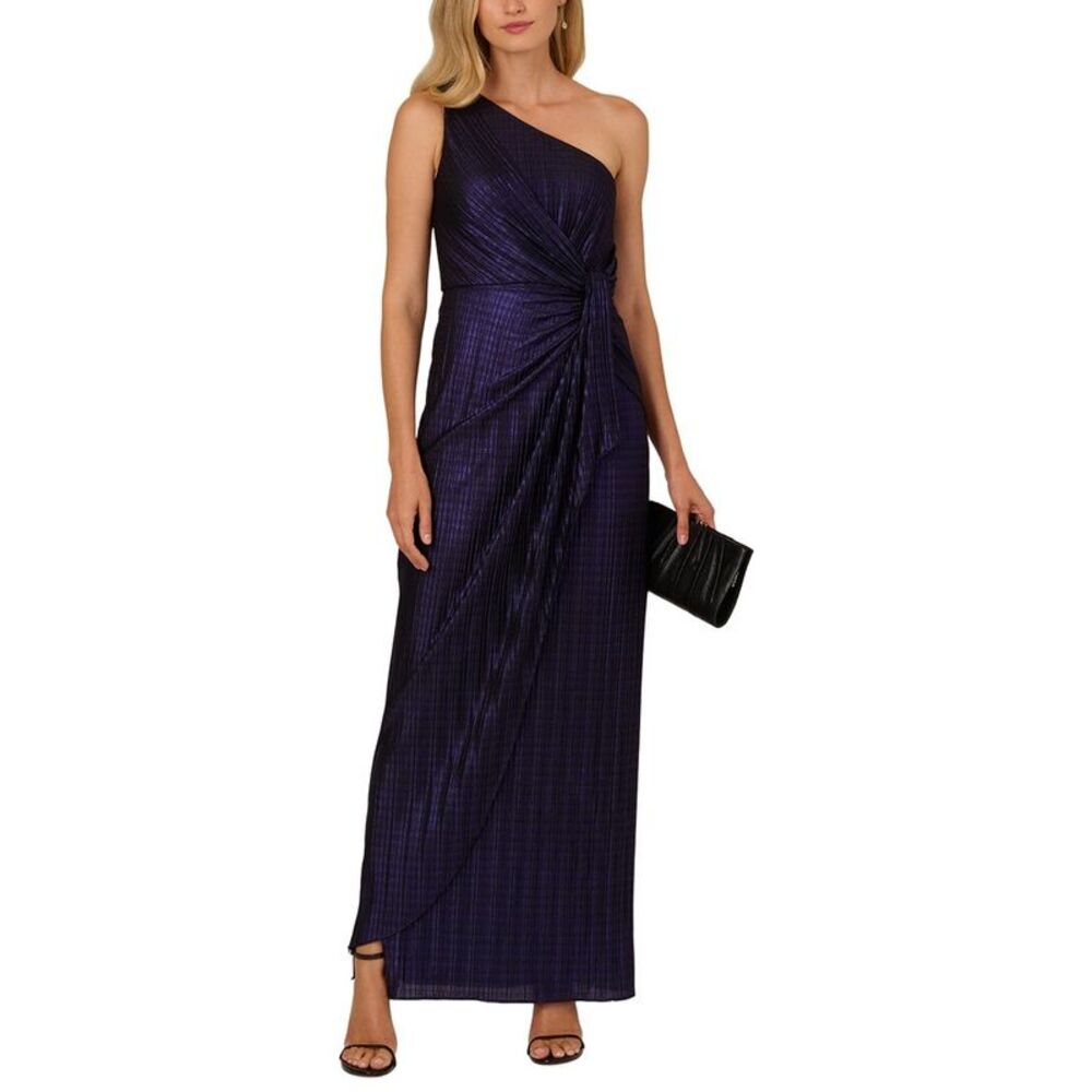 Adrianna Papell Womens  One Shoulder Metallic Knit Draped Gown